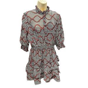 The Shirt by Rochelle Behrens Ruffled Tier Mini Dress in Black/Red NWT Large